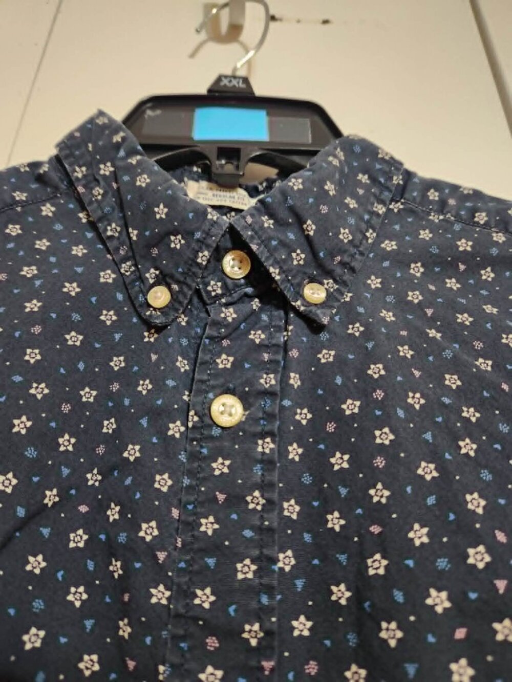 H&M LOGG Men's Large Blue Cotton Button Down Shirt Floral Micro Print L